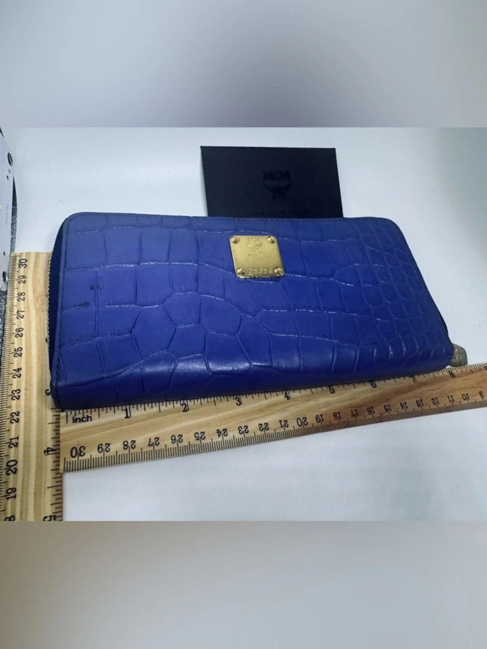 MCM Long Wallet Zip Blue Croc Leather Gold Hardware Continental Wallet Authentic - Picture 14 of 14